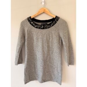 100% Cashmere Elena Solano Gray Embellished Jewel Neck 3/4 Sleeve Sweater Small